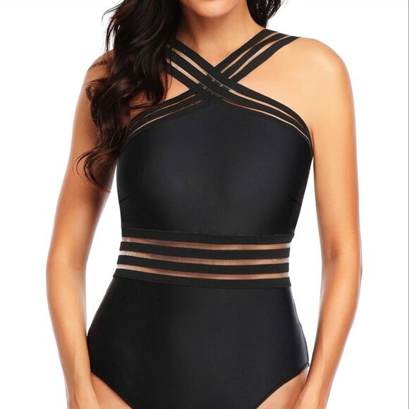 NWT Tempt Me Tummy Control Crisscross One-Piece Black Swimsuit Size Medium - Picture 6 of 7